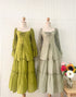 Wide Neck Lace Long Sleeves Slit Tops With Tiered Long Skirts